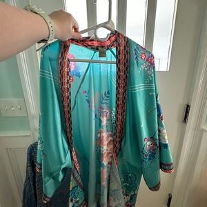 Aqua and Pink Floral Satin Kimono